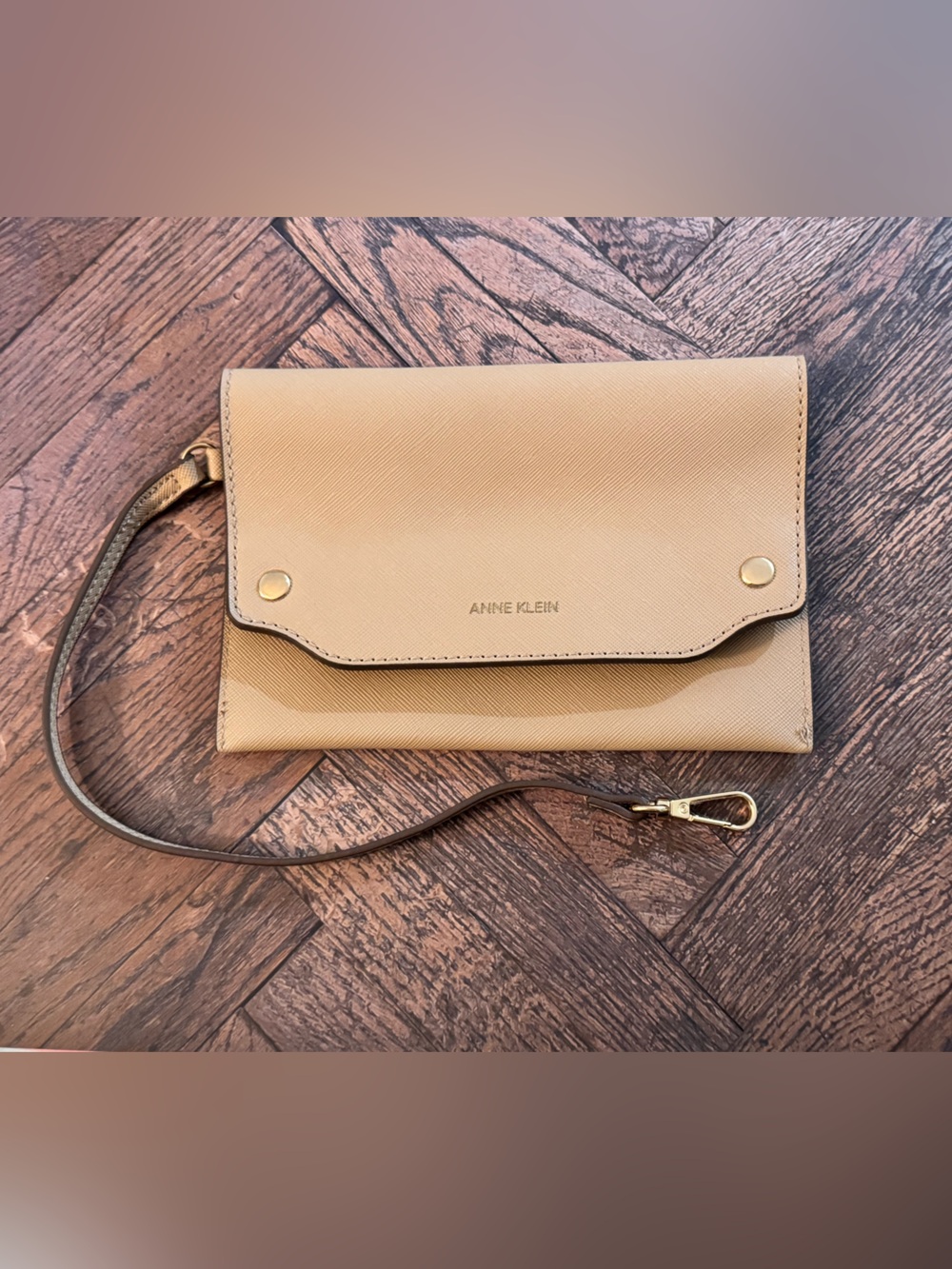 Anne Klein Beige Saffiano Wristlet Wallet Clutch Gold Hardware